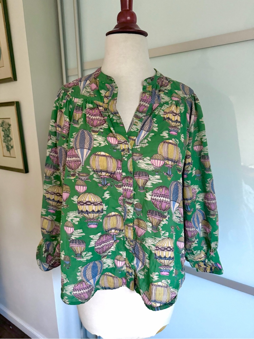 Anthropologie Maeve Hot Air Balloon Print Blouse Green Boho Novelty Top